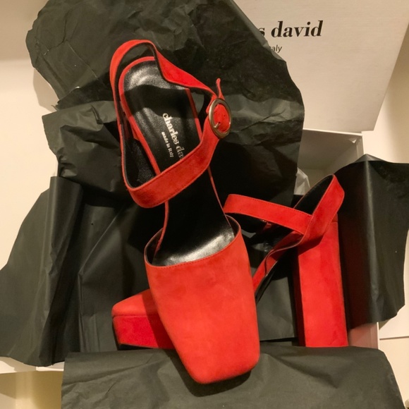 CHARLES DAVID Roan Red Suede Platform Block Heel Ankle Strap Sandals 41 - Picture 12 of 16